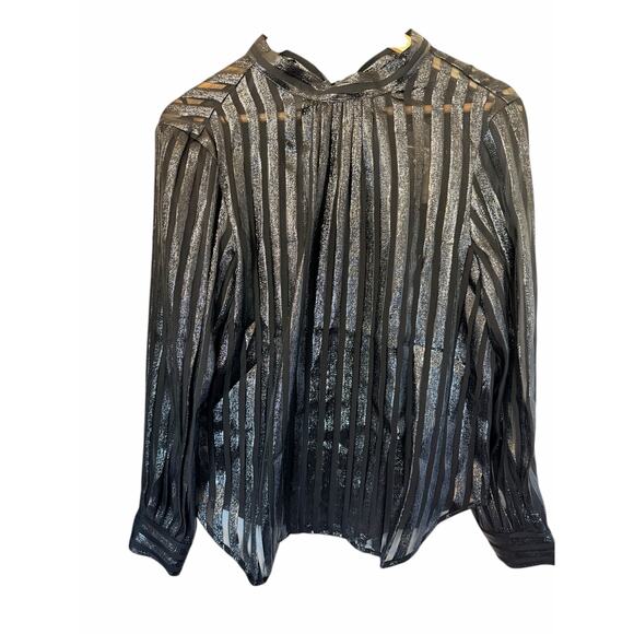 J.Crew Black Metallic Sheer Chiffon Mockneck Top, Bow/Tie Back Blouse Medium NEW - Picture 2 of 6